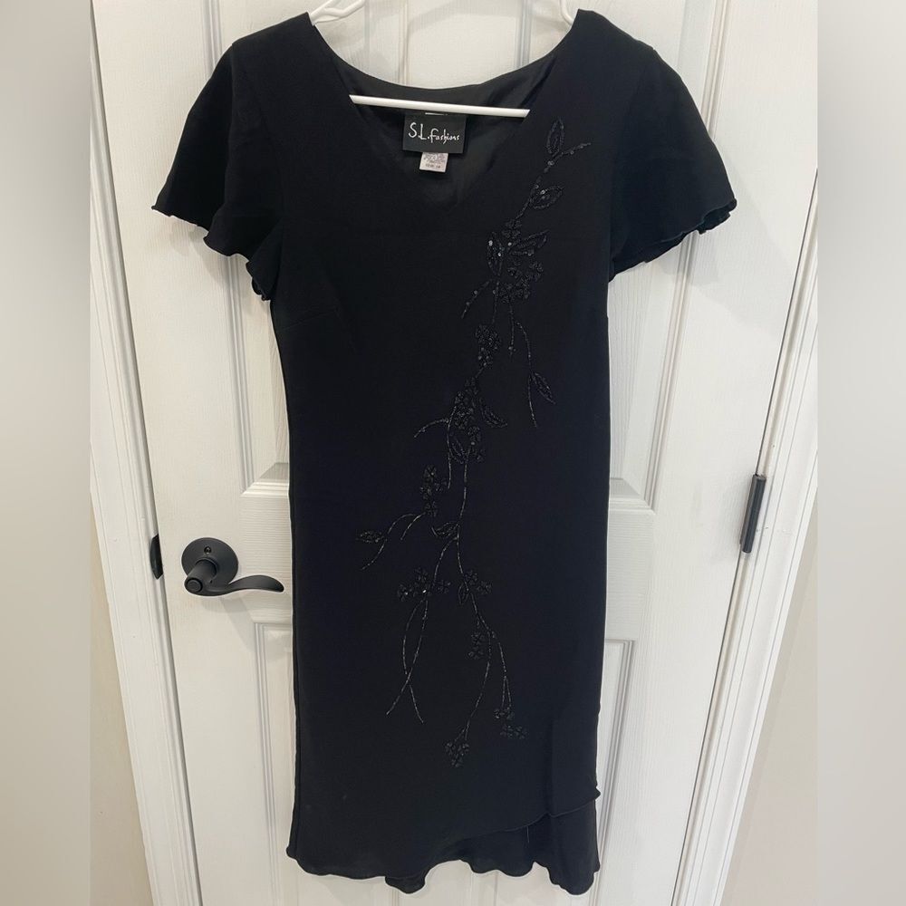 S. L. Fashions Vintage Black Beaded Tiered Knee Length Dress Women’s Size 10
